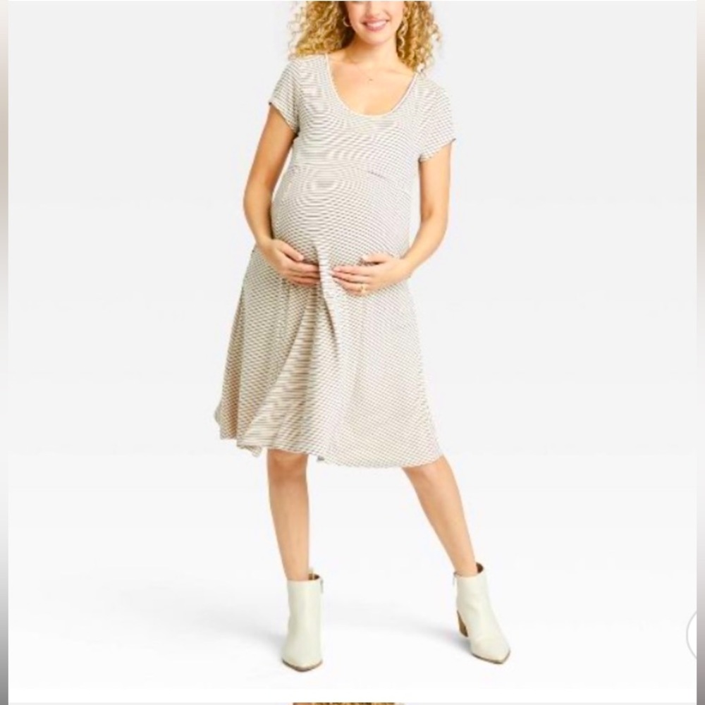 New size XS The Nines by HATCH Short Sleeve Jersey Maternity Dress Ivory Striped